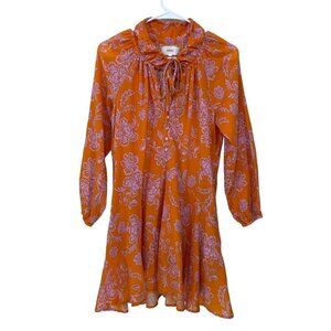 Xirena  Lola Mini Dress Size XS Long Sleeve Orange Floral Side Pockets V-Neck‎